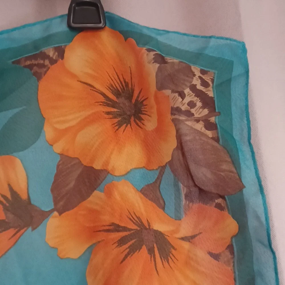 Liz Claiborne Vintage Sheer Chiffon Scarf Orange Flower Leopard Print 21×21